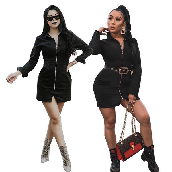 

casual dresses women's dress spring and autumn fashion high-cold style temperament zipper decoration long-sleeved mid-length, Black;gray