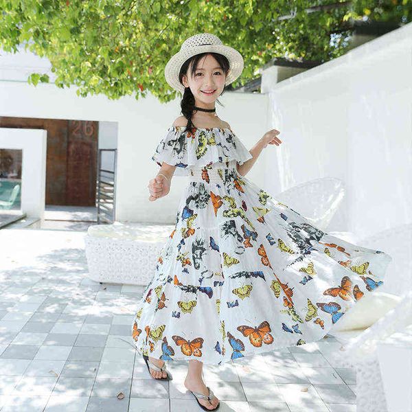

new girl dress 2021 new summer broken waist butterfly print children holiday cotton dress teen bohemian dress beach,#6142 g1218, Red;yellow