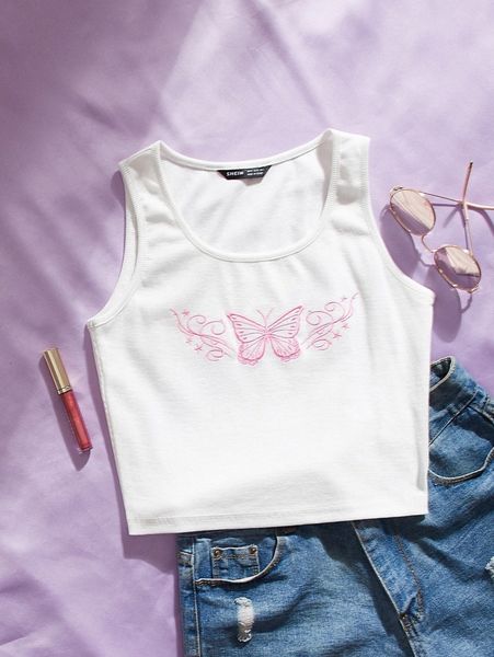 

butterfly embroidered tank p5t1#, White