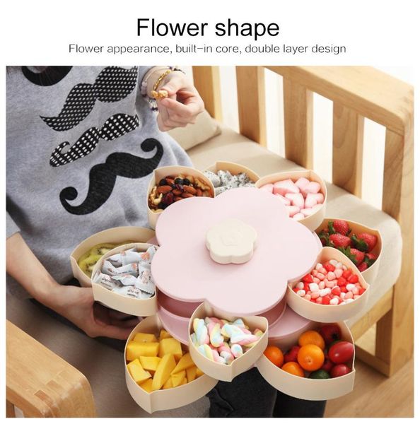 

dishes & plates creative rotating snack box pink/blue petal double single layer fruit plate divided candy nuts bowl kitchen supplies