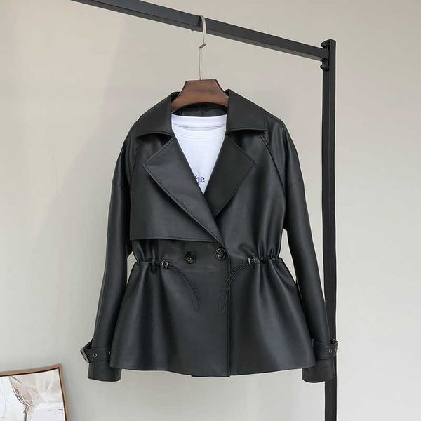 

nerazzurri spring black short faux leather jacket women drawstring long sleeve double breasted fall soft pu leather jackets 210909