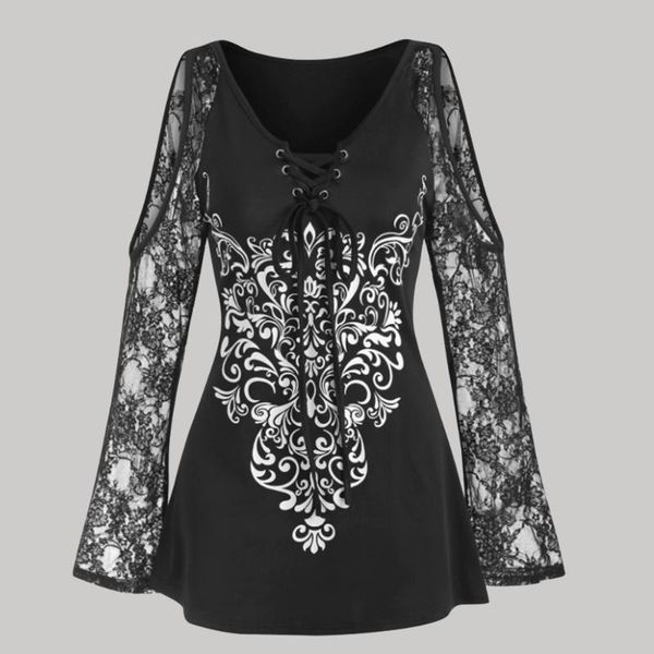 

women's t-shirt 2021 fashion printing lace splicing perspective strapless bandage v-neck solid color draw back long sleeve, White