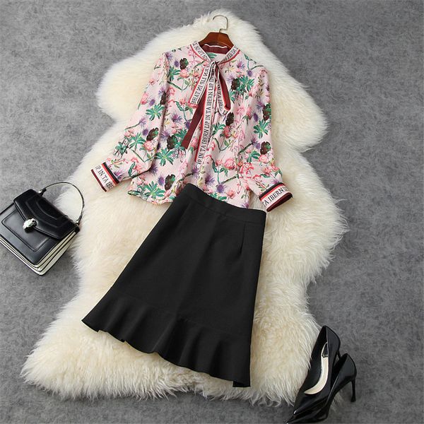 

elegant female spring bow collar print blouse and skirt office suit party two fashion runway joint designers, Black