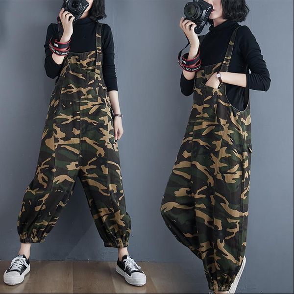 

loose straight overalls womencasual women jumpsuits streetwear plus size wide leg baggy trousers print camouflage cargo pants, Black;white