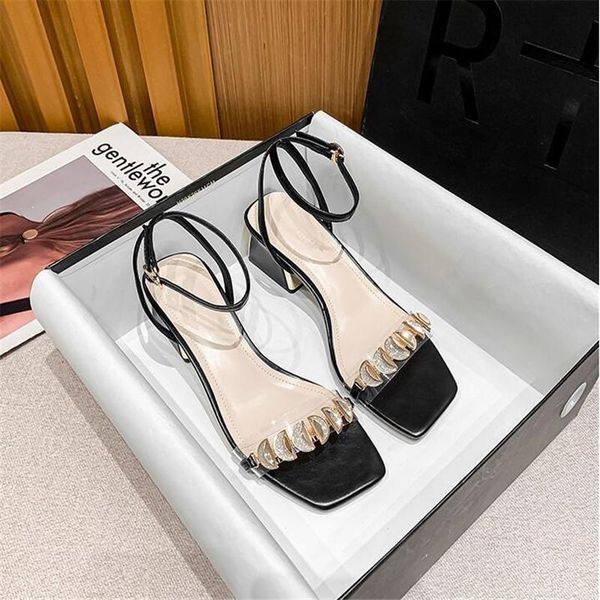

sandals women 2021 summer shoes woman 6cm square hight heels office lady elegant ankle strap pumps female, Black