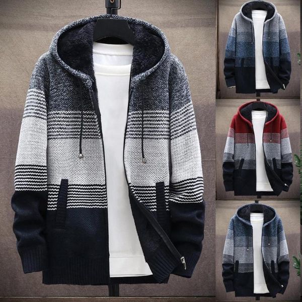 

men's sweaters men knitted coat color block hooded autumn winter warm zipper thicken plush cardigan sweater oversize for daily wear, White;black