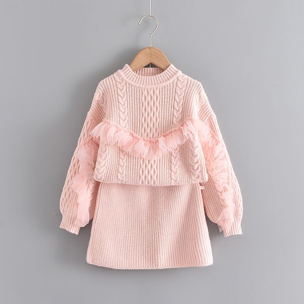 

kids girl autumn winter clothes long sleeve knitting sweater knee high skirt outwear princess girls clothing set 2-7 years, White