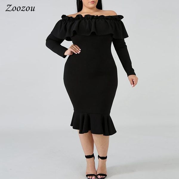 

off shoulder ruffles plus size dress women long sleeve slim knee length dresses clothing 4xl 5xl black white elegant casual, Black;gray
