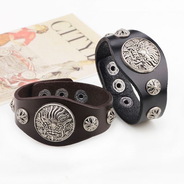 

selling zodiac dragon chinese style rivet bracelet imperial armor dragon bracelet fashion men's wide leather jewelry, Golden;silver
