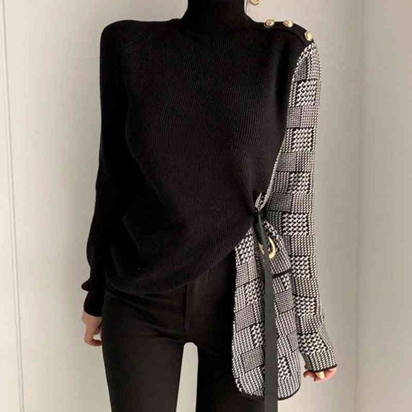 

women's sweaters [ewq] women loose turtleneck long-sleeved patchwork plaid knitted sweater female asymmetrical lace up pullover knits 1, White;black