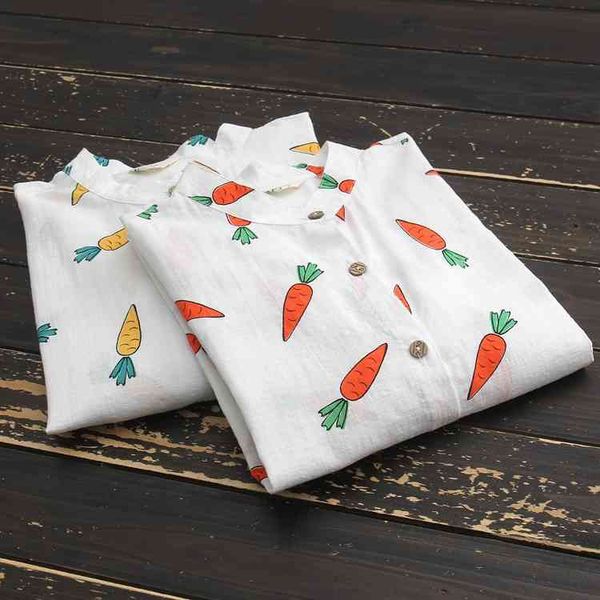 

carrot pattern printing stand collar half sleeve long shirt blouse female, White