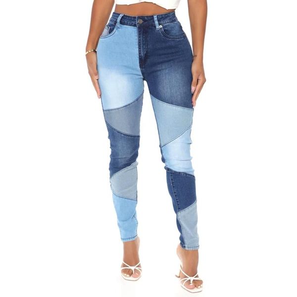 

women's jeans skinny patchwork high waist long denim pants with pockets spring autumn ladies tight pencil trousers, Blue