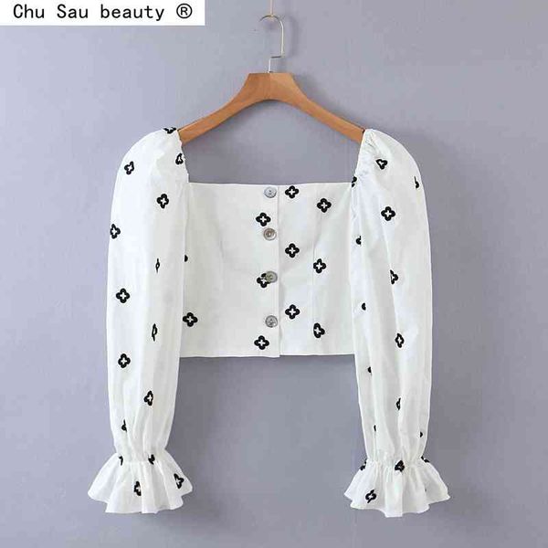

autumn woman vintage flared long sleeve square collar printed single-breasted high waist short crop blouses 210508, White