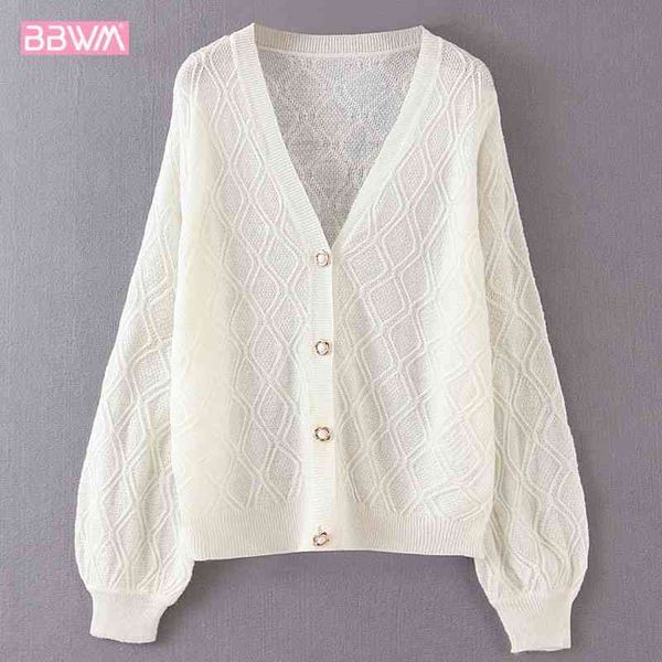 

autumn and winter women's long-sleeved warm sweater puff sleeves v-neck single-breasted cardigan solid color sweater 210507, White;black