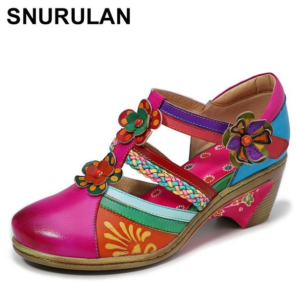 

dress shoes snurulan women genuine leather hollow soft sandals retro flowers pattern spring ladies high heel, Black