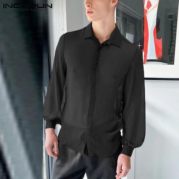 

men transparent shirts long sleeve turn down collar mesh loose blouse incerun man solid color buttons thin streetwear 5xl men's casual, White;black