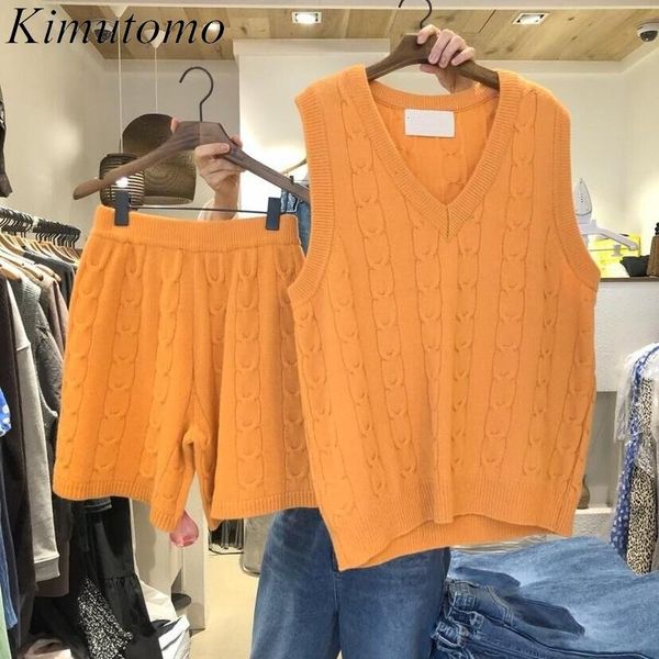 

women's tracksuits kimutomo casual sweet two piece set women autumn korea fashion v-neck sleeveless knitted vest and high waist elastic, Gray