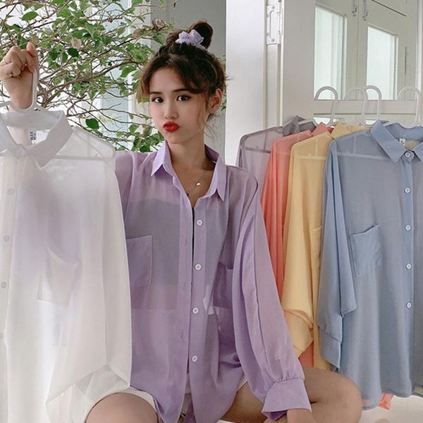 

women's blouses & shirts women summer thin chiffon soft breathable sheer see-through full basic all-match fashion female chic loose, White