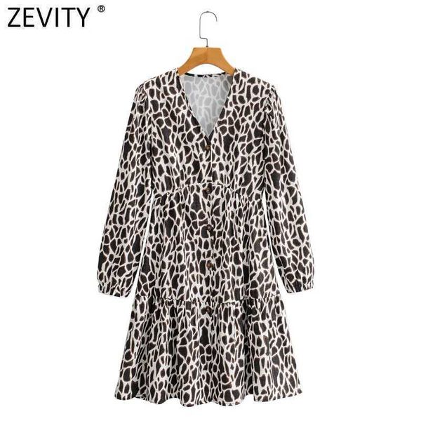 Zevity Frauen Vintage V-ausschnitt Tier Haut Druck Falten Mini Kleid Femme Puff Sleeve Breasted Casual Chic Rüschen Vestido DS4677 210603