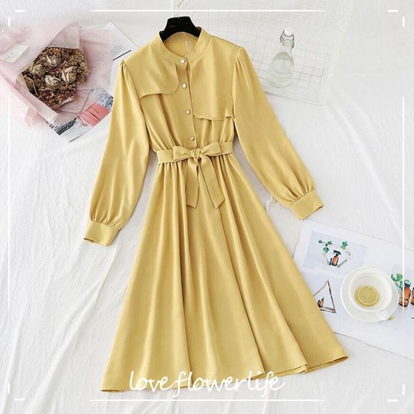 

solid color elegant dress women o-neck long sleeve buttons bandage dresses spring a-line office ladies midi vestido casual, Black;gray