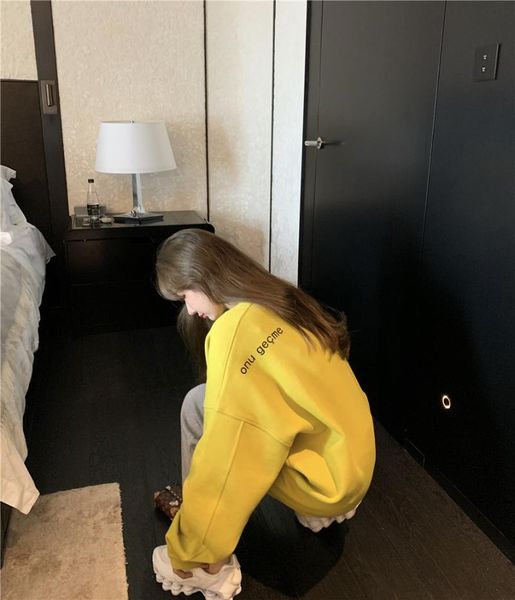 

women's hoodies & sweatshirts autumn winter letter sweater mid-length loose plus fleece casual top, Black