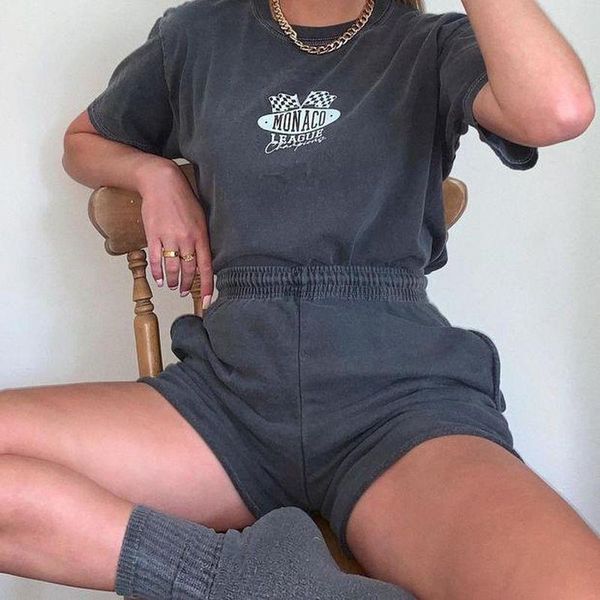 

women's tracksuits monaco league dark gray 2-piece set women summer short sets loose oversized t shirts+sweatpants fashion girls outfit