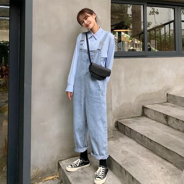 

women's jeans denim suspenders 2021 spring and autumn fried street loose thin student age reducing conjoined small wide leg, Blue