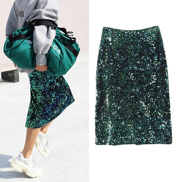 

skirts 2021 split sequin skirt slim body package hip stretch bag color, Black