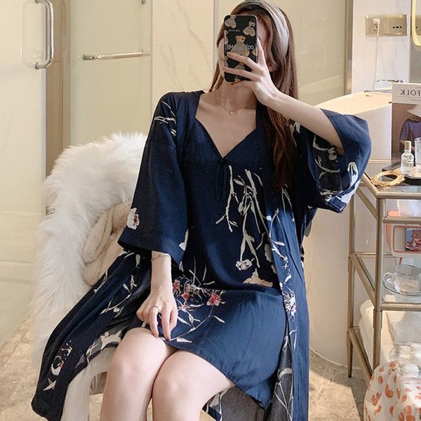 

women's sleepwear 2021 new ladies soft loose thin 2pcs nightgown cardigan+dress women elegant rayon pyjama v-neck homeware sk, Black;red