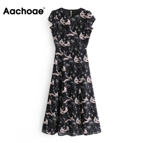 Frauen Vintage O Neck Split Sommerkleider Mode Zurück Aushöhlen Gedruckt Kurzarm Weinrot Midi Kleid 210413