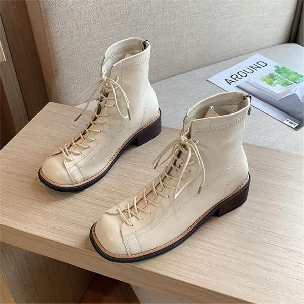

boots 4cm heel women ankle leather shoes lace up boot high square ladies bota feminina, Black