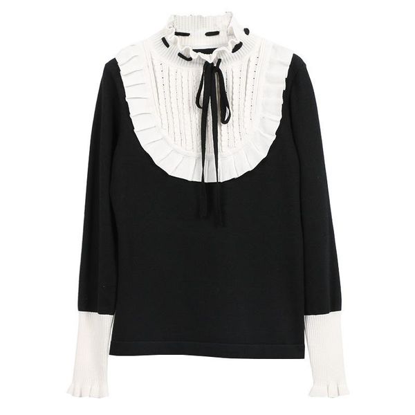 

women's sweaters makuluya vintage elegant classic retro fashion autumn pullover long sleeve black white contrast lace wool lmsl6, White;black