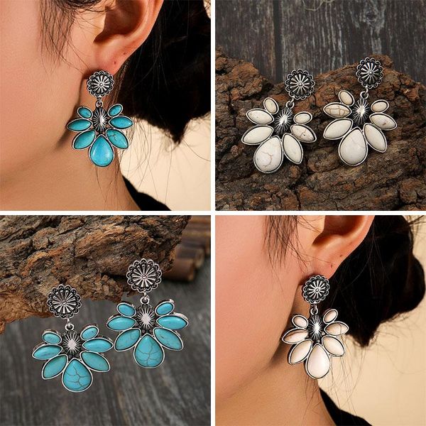 

stud vintage nature-inspire filigree blooming flower earring bohemia style turquoises beads teardrop oval stone inlaid dangle jewelry, Golden;silver