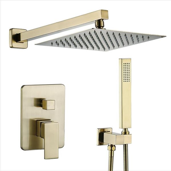 Set doccia da bagno Stile quadrato in oro spazzolato Set da parete Montaggio del rubinetto da bagno con testa di pioggia 8-12 pollici