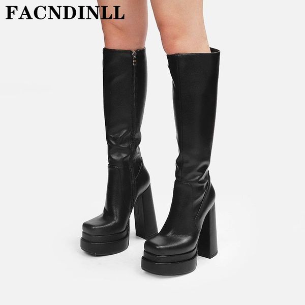 

boots fashion slim long shoes woman black zipper square toe thick high heels platform knee 2021 winter est
