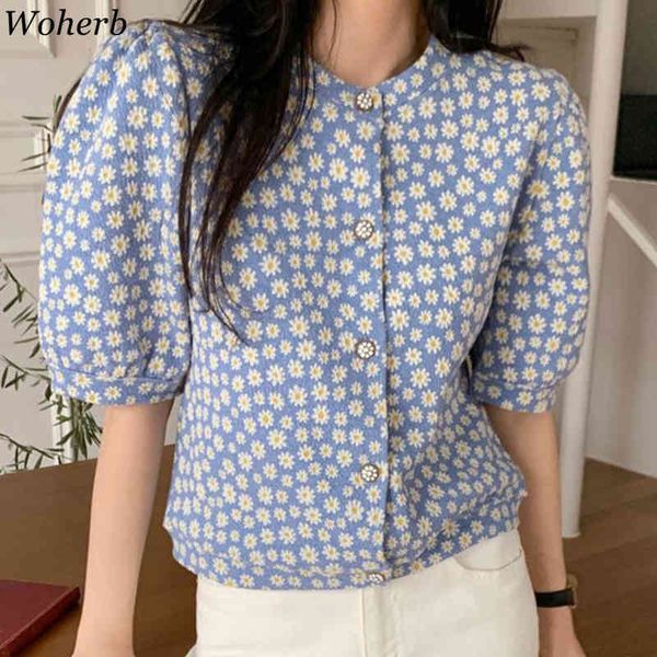 

vintage puff sleeve blouses elegant daisy floral print shirt stand collar female korean style casual blusas mujer 210422, White
