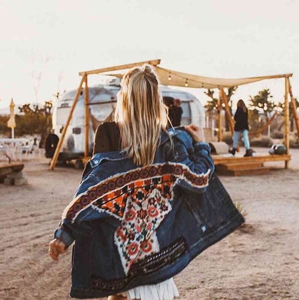 

denim for women autumn vintage floral appliques embroidery boho jacket long sleeve outerwear coat female jackets, Black;brown