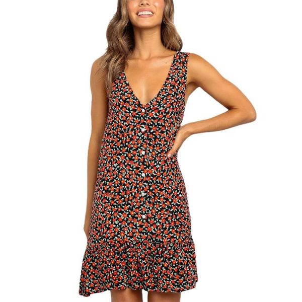 

casual dresses summer v-neck women dress sleeveless fashion print slim button female beach, Black;gray