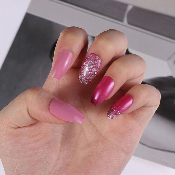 

false nails women fashion detachable full cover artificial nail tips fake pink glitter ballerina wearable, Red;gold