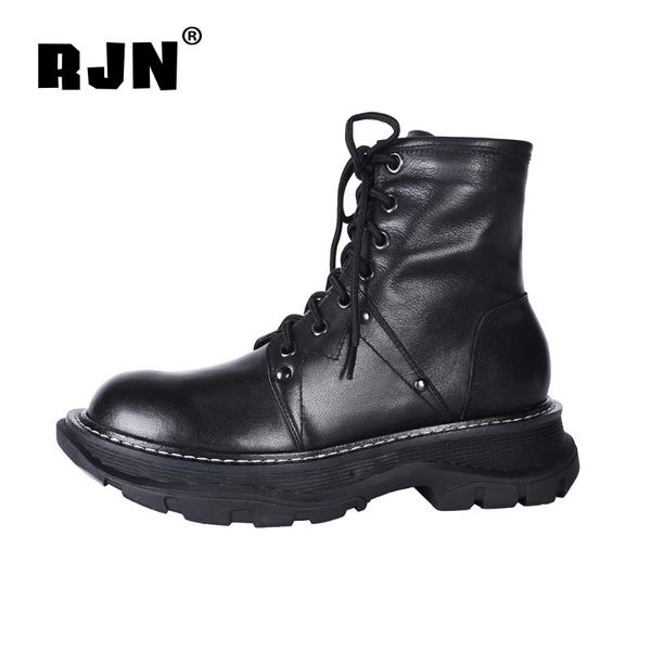 

boots rjn women's round toe lace up black modern bootie platform genuine leather 2021 stylish shoes ro417