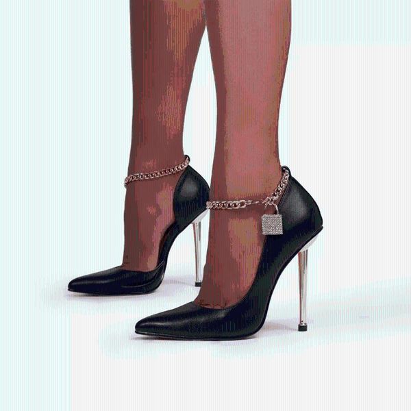

dress shoes 2021 women's pointed toe shallow mouth metal chain rhinestone lock banquet stiletto high heels single wedding, Black