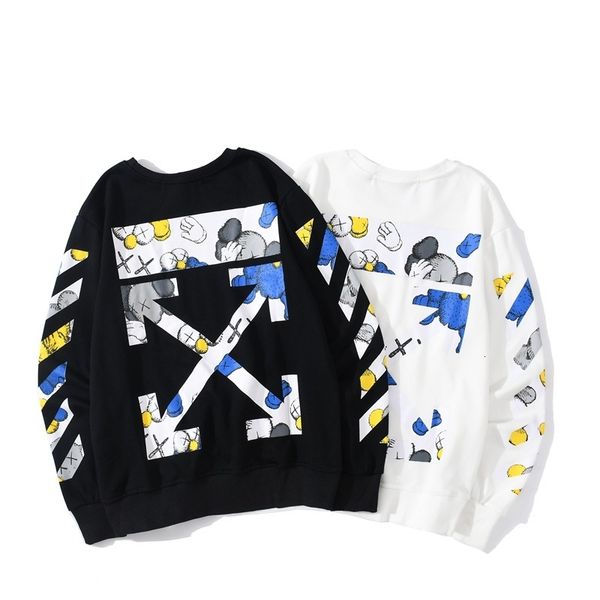 

new style trendy back off cartoon character arrstyle print terry loose men's and women's round neck sweater, Black