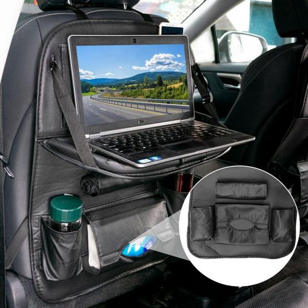 

car organizer seat back pu leather storage bag with folding table net tray cup holder interior goods pouch