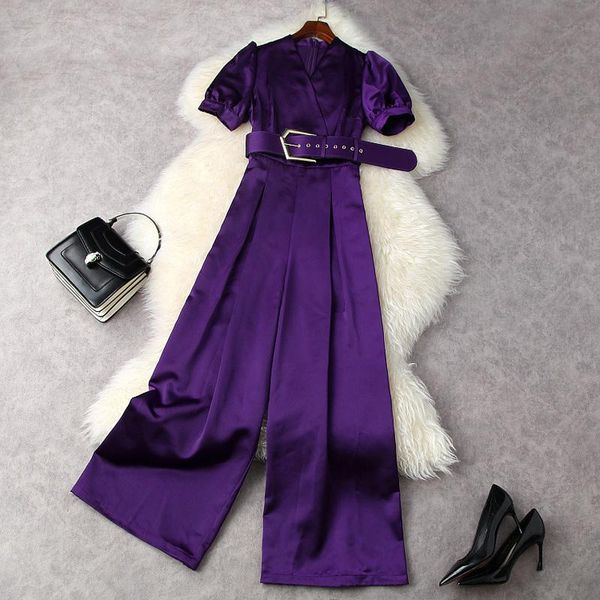 

fashion2021 summer women's v-neck short-sleeve belted wide leg jumpsuit two piece pants, White