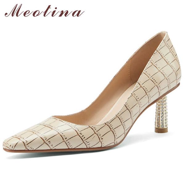 

meotina natural genuine leather high heels women shoes pointed toe pumps crystal stiletto heel shoes ladies footwear beige 33-40 210608, Black