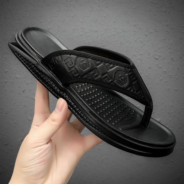 

men slippers genuine leather summer shoes flip flops designer beach sandals non-slip male slipper zapatos hombre casual shoe, Black