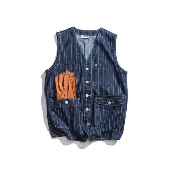 

blue mens denim vest stripe multi-pockets fashion vintage waistcoat casual tooling vests male jean sleeveless jackets men's, Black;white