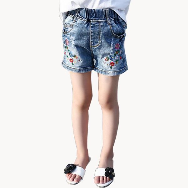 

jeans girl flower embroidery children's short for girls casual style kid teenage clothes 6 8 10 12, Blue
