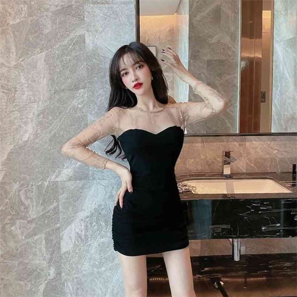 

women's summer dress mesh lace stitching long-sleeved korean style high waist slim short female es gx190 210507, Black;gray