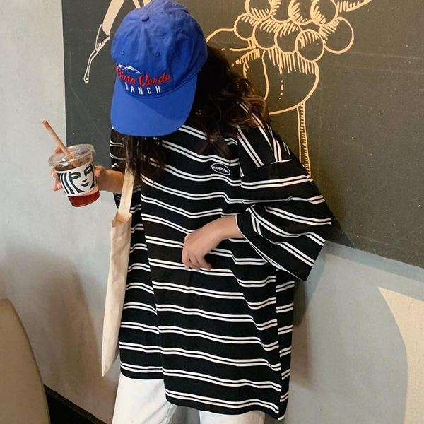 

women's t-shirt american street hip-hop vintage basic striped couple korean fashion oversize harajuku e girl ladies summer 2021, White